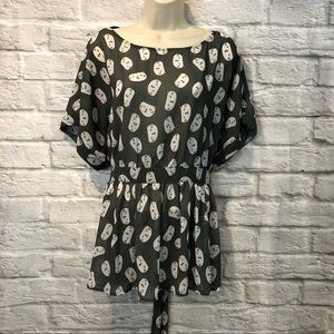 Eshakti Women’s XL Waist Tie Cat Print Blouse Top